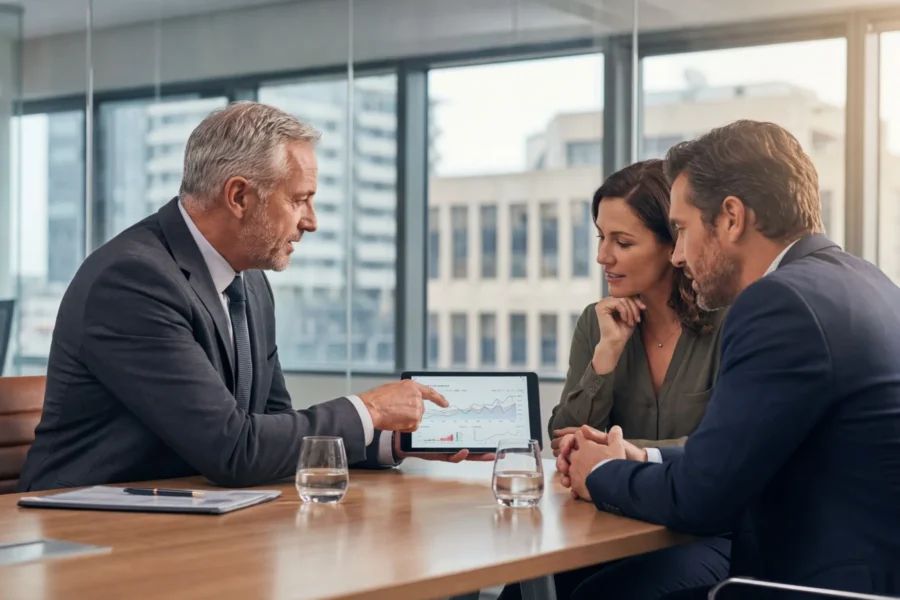 A man in a suit shows a financial graph on a tablet to a man and a woman at a conference table in a modern office.