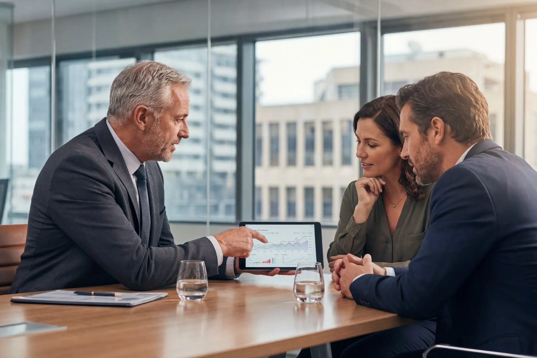 A man in a suit shows a financial graph on a tablet to a man and a woman at a conference table in a modern office.