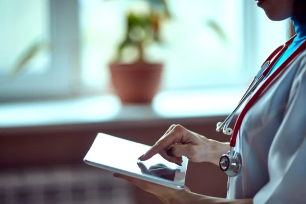 A healthcare professional wearing a white coat and stethoscope uses a tablet device near a window with a potted plant in the background.