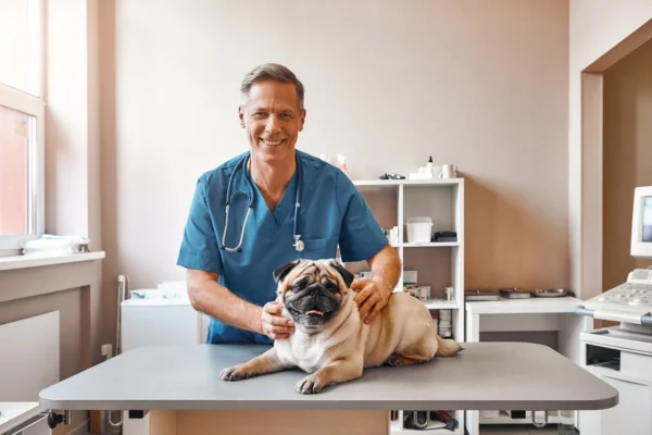 A veterinarian in blue scrubs stands behind a pug lying on an exam table in a veterinary clinic, smiling at the camera.