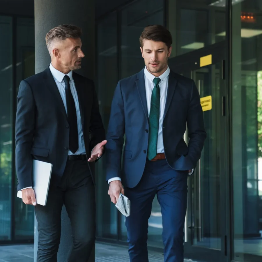 Two men in business suits walk and talk outside a modern office building; one holds a laptop, the other holds a folded newspaper.