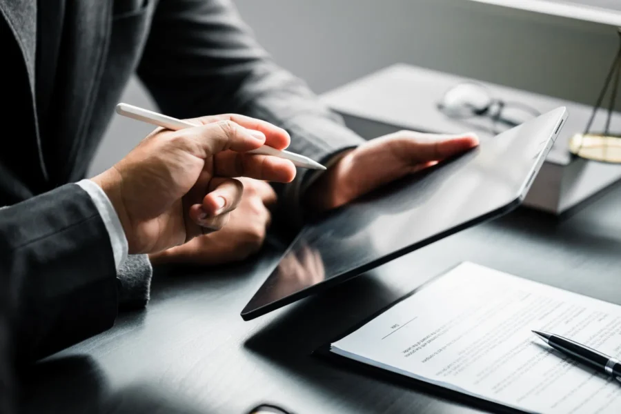 Two people in business attire discuss a document on a digital tablet, with paperwork and a pen visible on the desk.