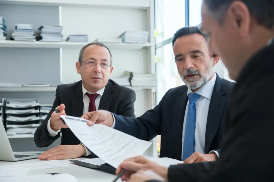 Three men in business suits sit at a table discussing documents in an office setting with shelves and files in the background.