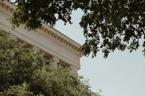 Partial view of a classical building with columns and decorative stonework, partially obscured by leafy green trees and branches.
