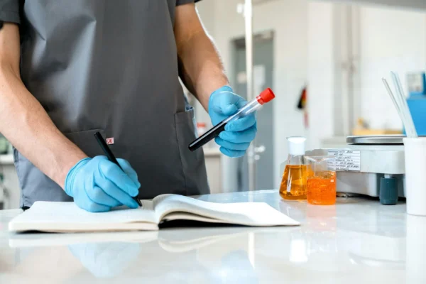 Person wearing gloves writes in a notebook while holding a test tube with dark liquid; laboratory glassware with orange liquid is on the table.