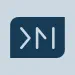 Dark blue rounded square logo with two white abstract symbols inside, on a light gray background.