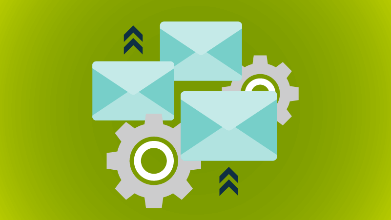 Three envelopes and two gears overlapping one another, symbolizing mailroom automation