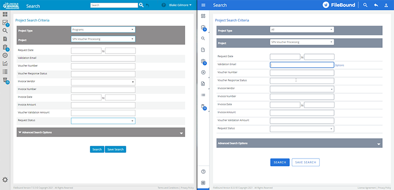 Comparing the FileBound search screen between versions 7.5 and 8.0