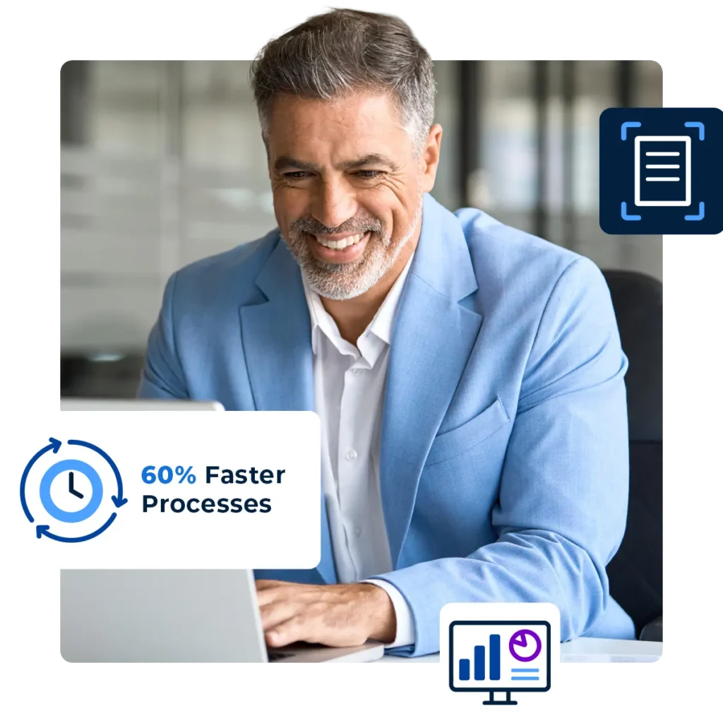 A man in a light blue blazer smiles while working on a laptop, with graphics showing "60% Faster Processes" and icons for documents and analytics.