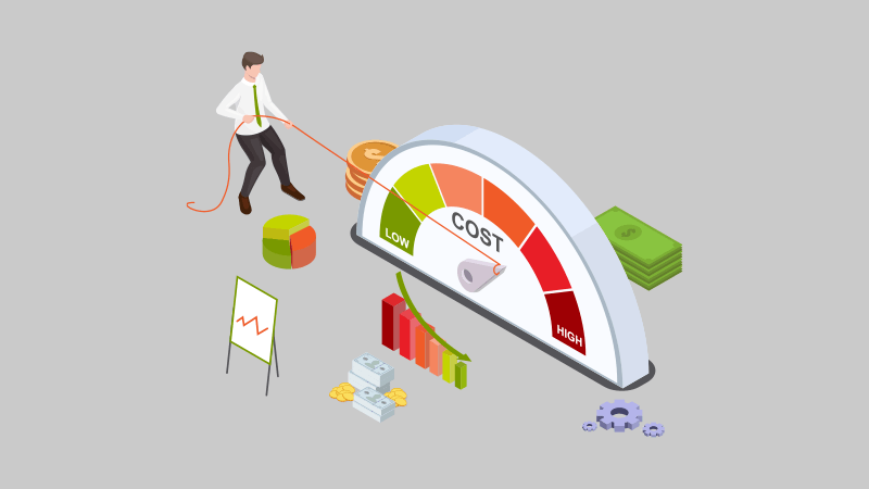 An employee trying to reduce business expenses by pulling on a string on a meter measuring costs