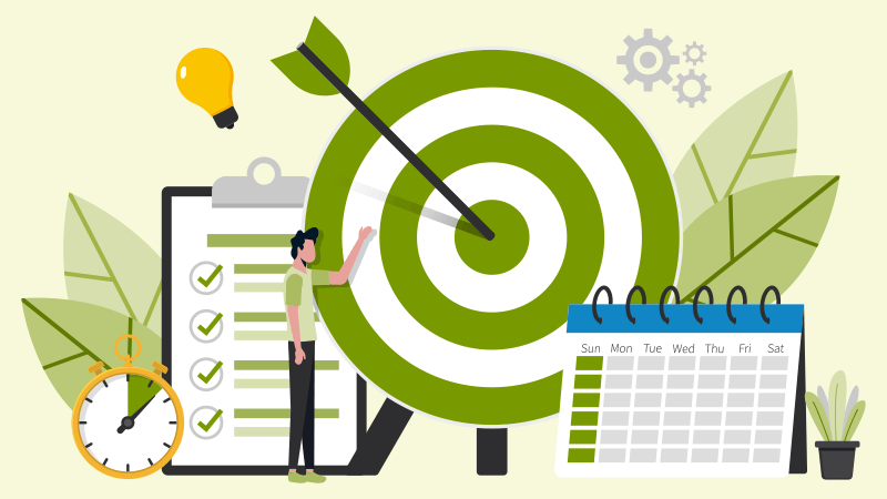 Employee pointing to a target with an arrow in the middle, showing they met their AP goals
